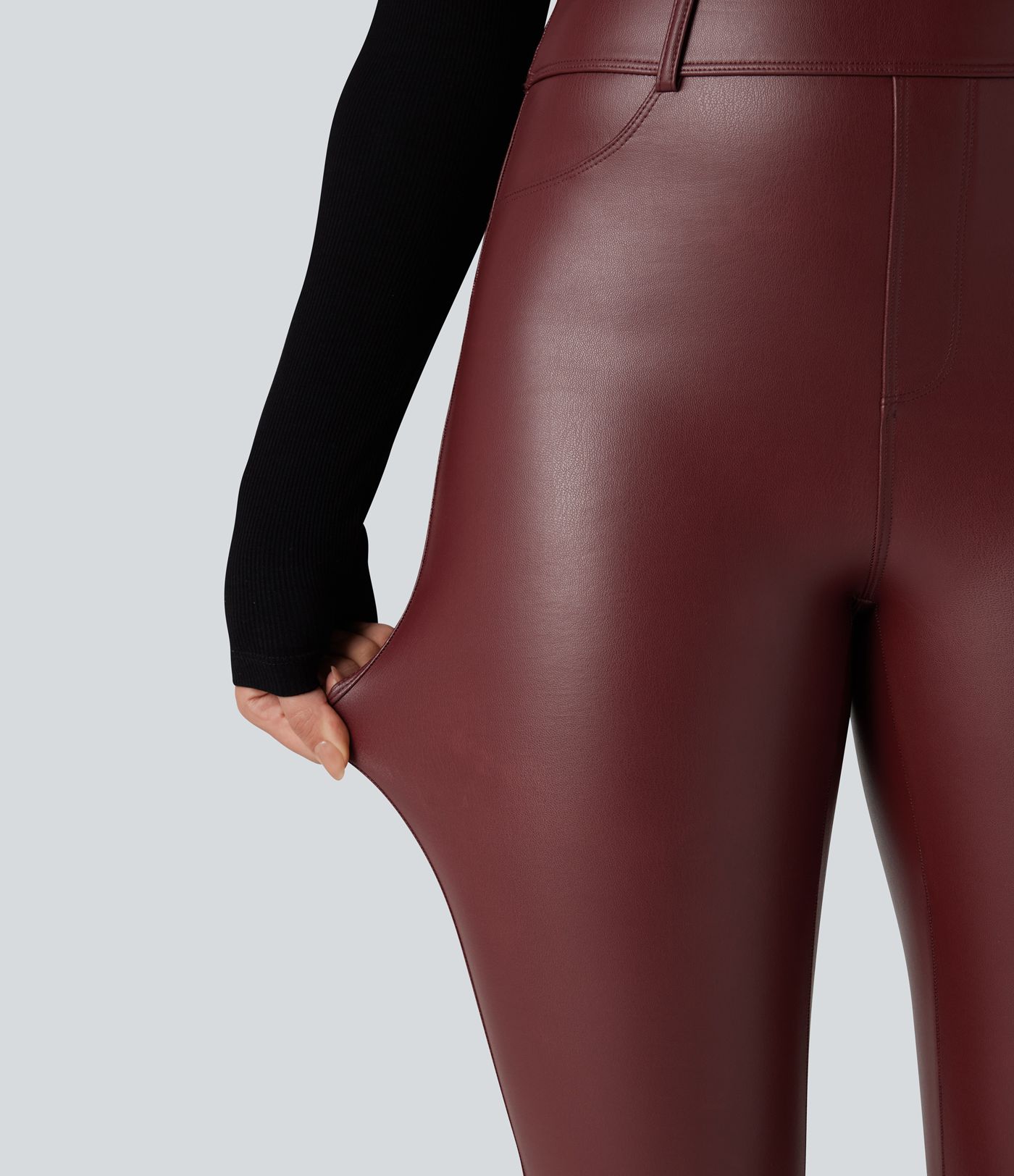High Waisted Stretchy PU Fleece Casual Leggings with Pockets