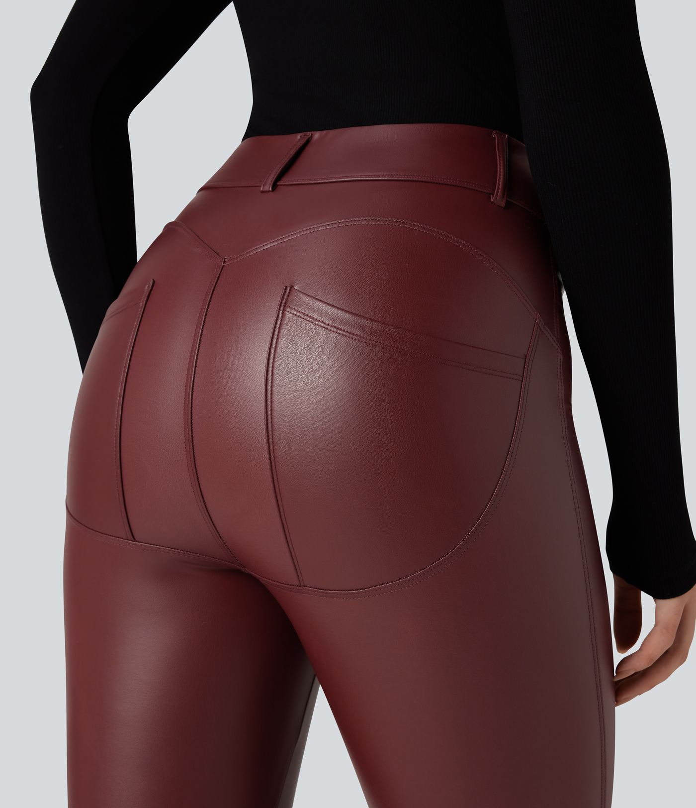 High Waisted Stretchy PU Fleece Casual Leggings with Pockets