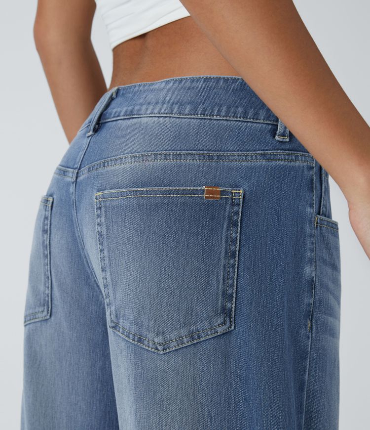 Halara Flex™ Asymmetric Low Rise Zipper Pockets Baggy Wide Leg Washed Casual Jeans