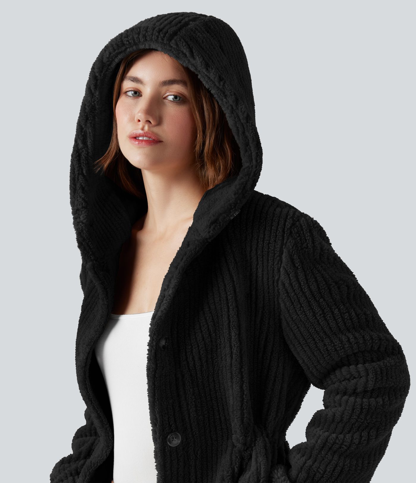 Hooded Drawstring Curved Hem Relaxed Casual Sherpa Jacket with Pockets