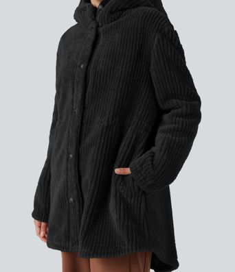 Hooded Drawstring Curved Hem Relaxed Casual Sherpa Jacket with Pockets