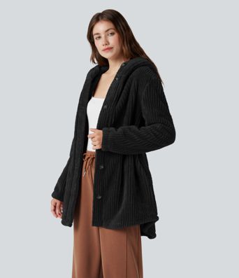 Hooded Drawstring Curved Hem Relaxed Casual Sherpa Jacket with Pockets