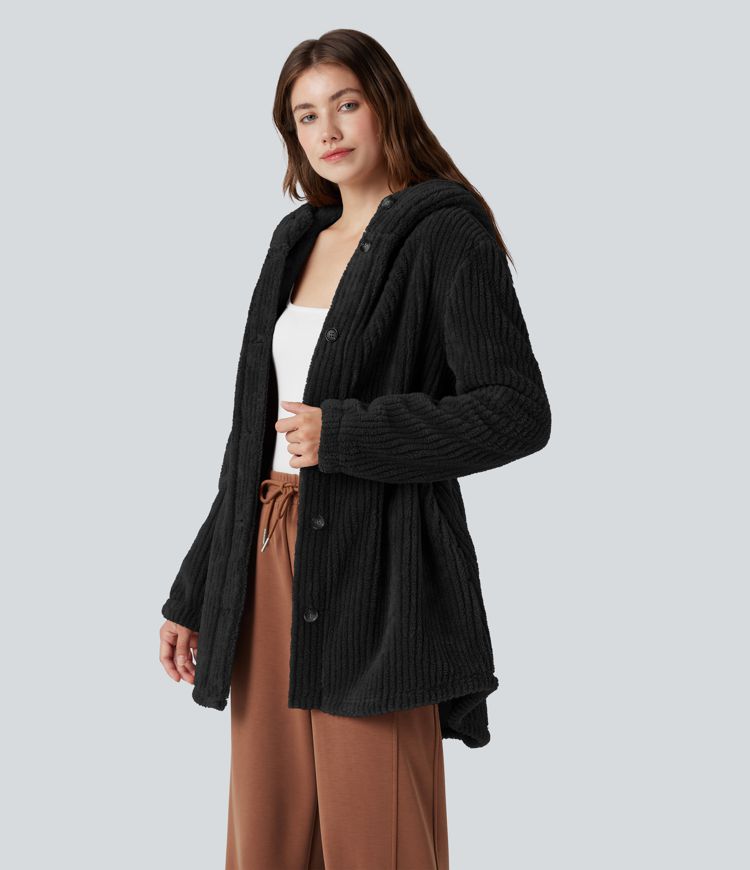 Hooded Drawstring Curved Hem Relaxed Casual Sherpa Jacket with Pockets