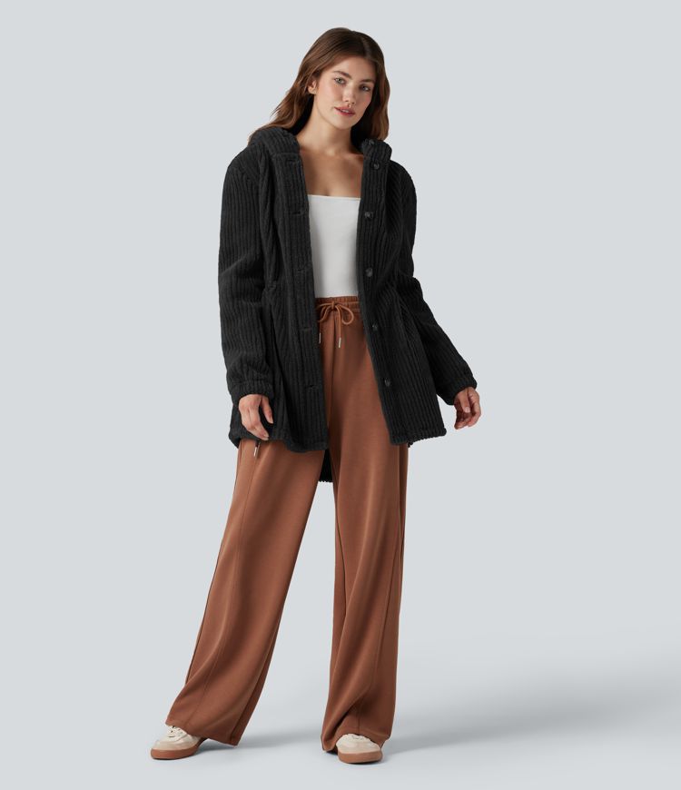 Hooded Drawstring Curved Hem Relaxed Casual Sherpa Jacket with Pockets