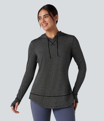 Hooded Drawstring Long Sleeve Thumb Hole Curved Hem Yoga Sports Top