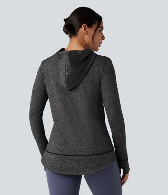 Hooded Drawstring Long Sleeve Thumb Hole Curved Hem Yoga Sports Top