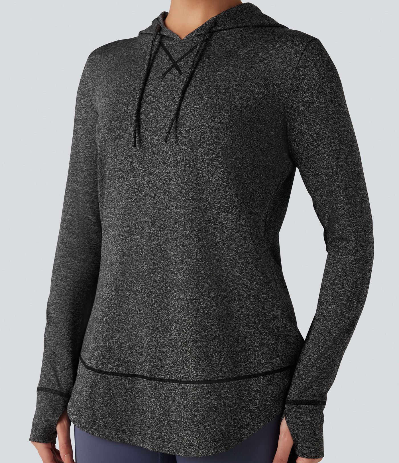 Hooded Drawstring Long Sleeve Thumb Hole Curved Hem Yoga Sports Top