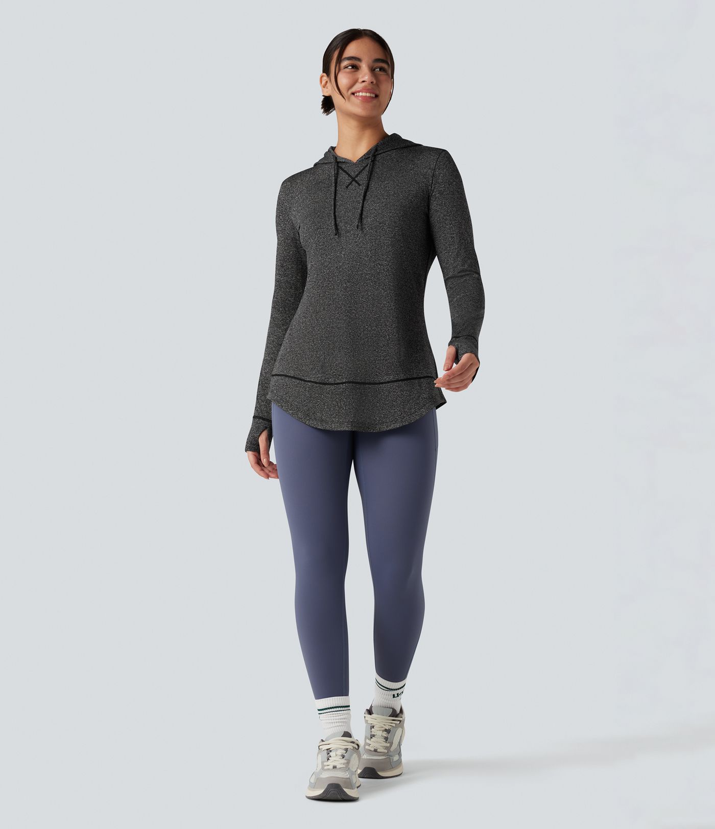 Hooded Drawstring Long Sleeve Thumb Hole Curved Hem Yoga Sports Top