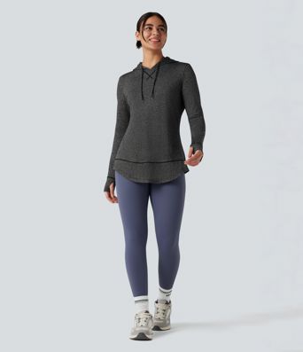 Hooded Drawstring Long Sleeve Thumb Hole Curved Hem Yoga Sports Top