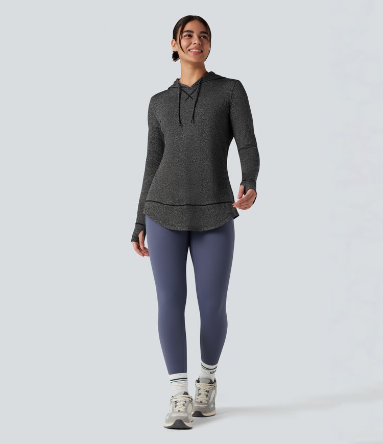 Hooded Drawstring Long Sleeve Thumb Hole Curved Hem Yoga Sports Top