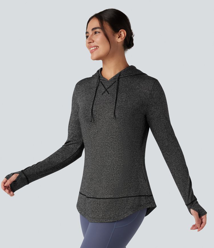 Hooded Drawstring Long Sleeve Thumb Hole Curved Hem Yoga Sports Top