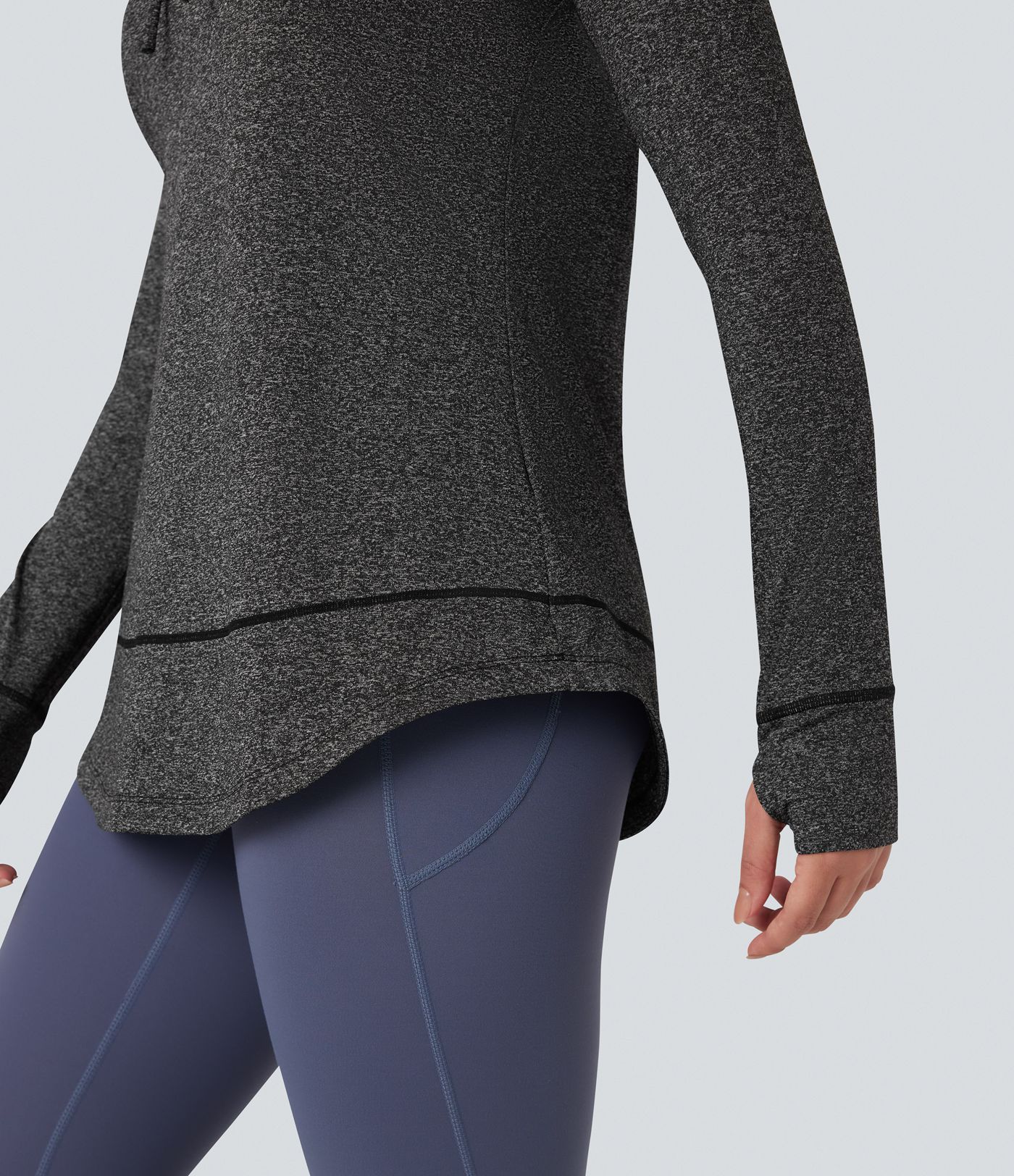 Hooded Drawstring Long Sleeve Thumb Hole Curved Hem Yoga Sports Top