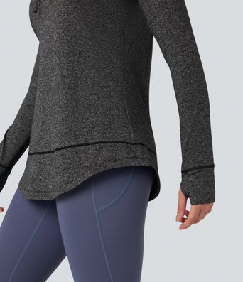 Hooded Drawstring Long Sleeve Thumb Hole Curved Hem Yoga Sports Top