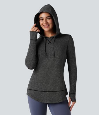 Hooded Drawstring Long Sleeve Thumb Hole Curved Hem Yoga Sports Top