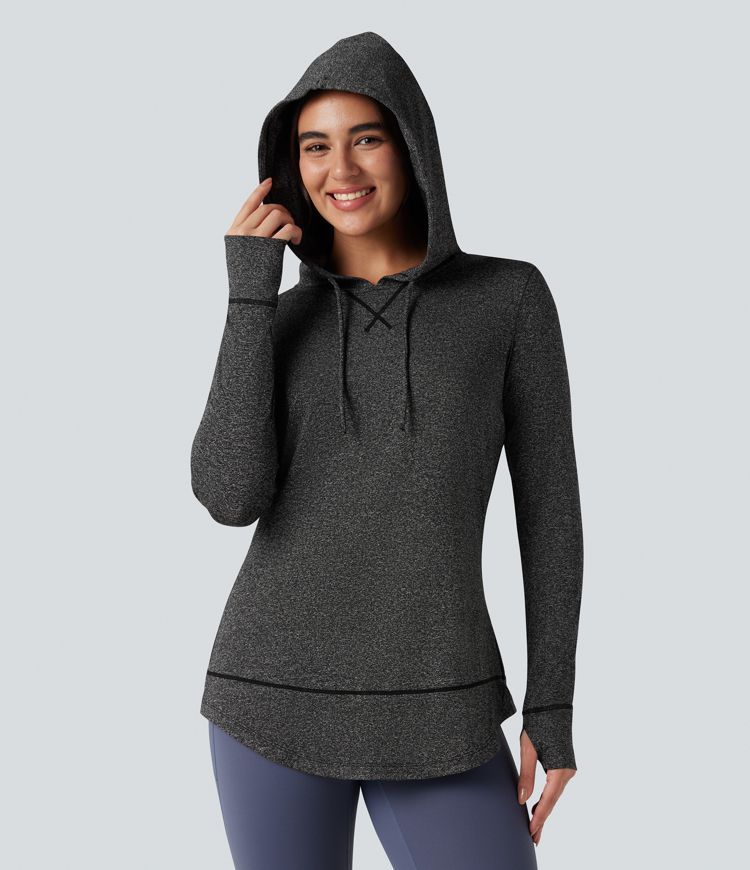 Hooded Drawstring Long Sleeve Thumb Hole Curved Hem Yoga Sports Top