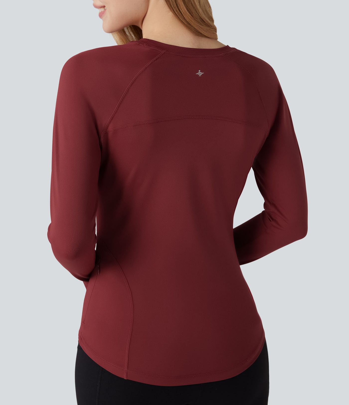 Round Neck Long Sleeve Thumb Holes Curved Hem Workout Sports Top with Pocket