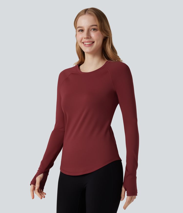 Round Neck Long Sleeve Thumb Holes Curved Hem Workout Sports Top with Pocket
