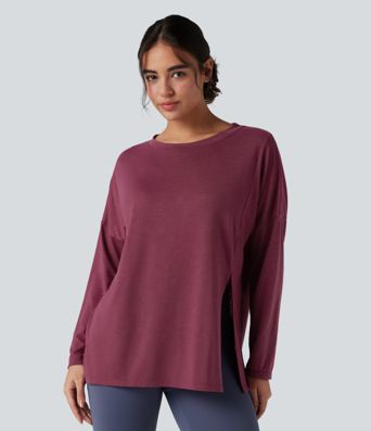 Round Neck Long Sleeve Split Hem Workout Sports Top