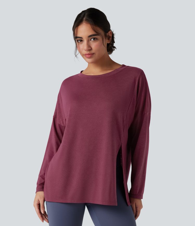 Round Neck Long Sleeve Split Hem Workout Sports Top