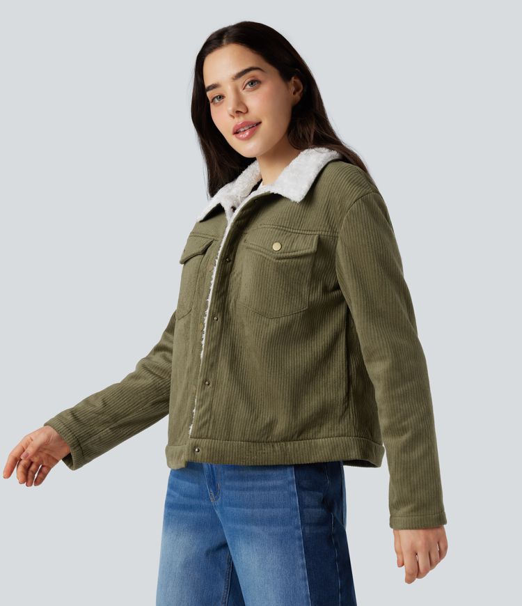 Veste décontractée sherpa en velours côtelé col classique à manches longues avec poches