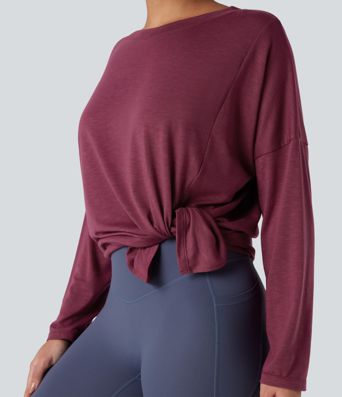 Round Neck Long Sleeve Split Hem Workout Sports Top