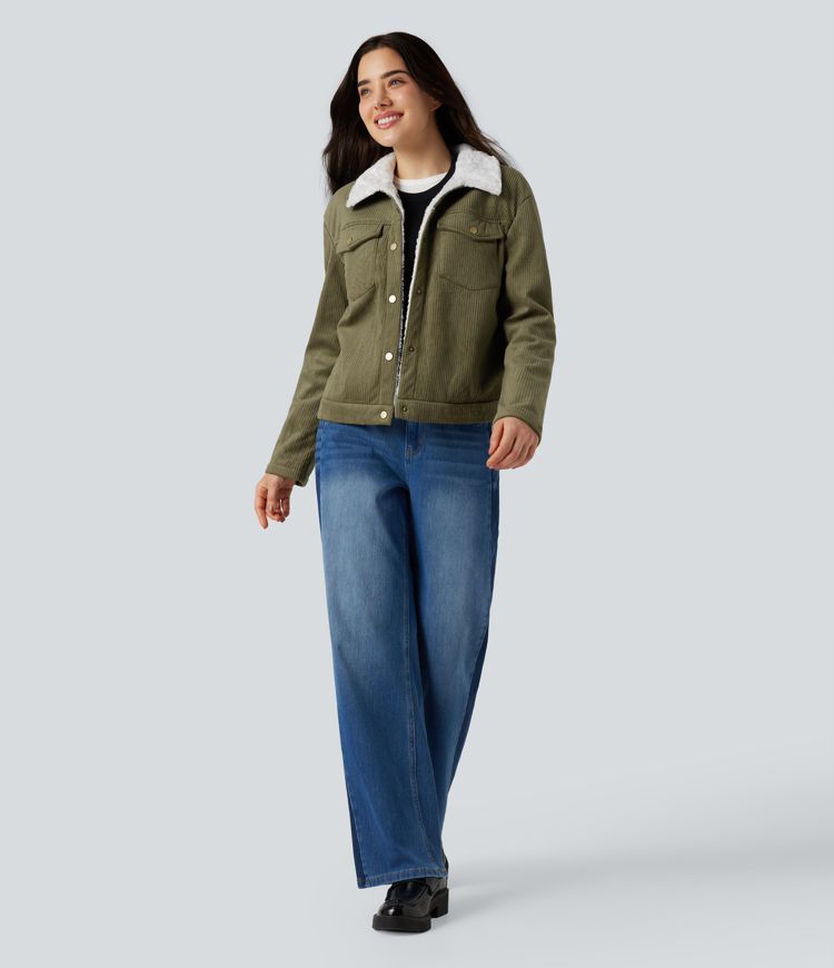 Veste décontractée sherpa en velours côtelé col classique à manches longues avec poches