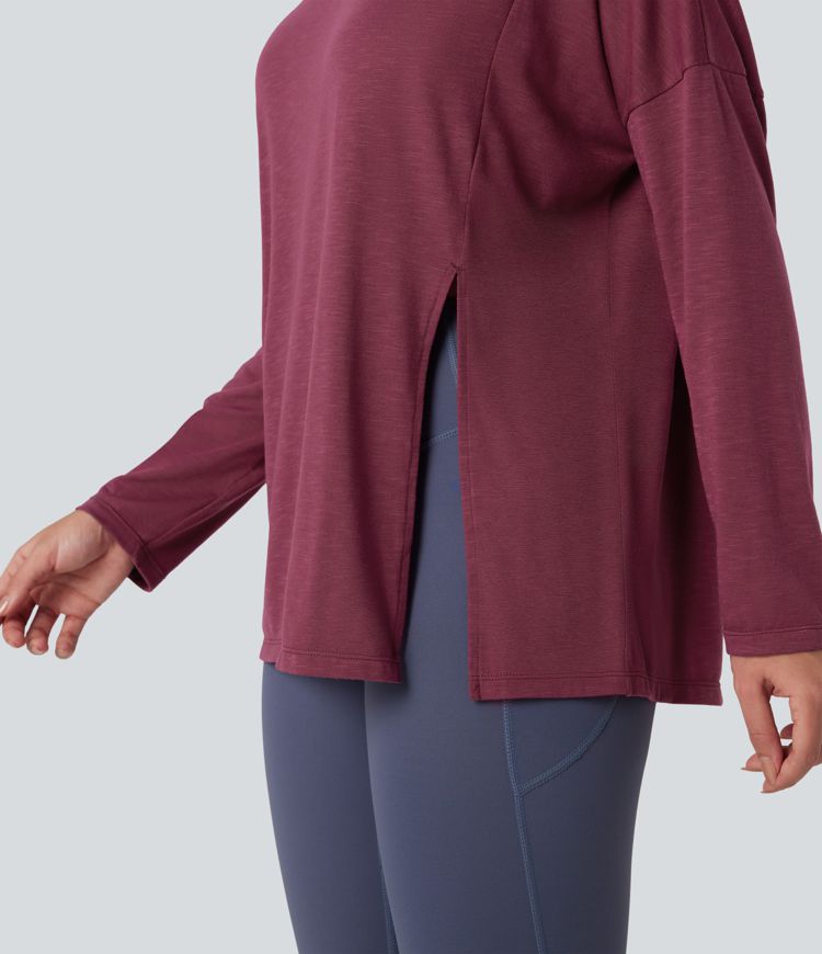 Round Neck Long Sleeve Split Hem Workout Sports Top