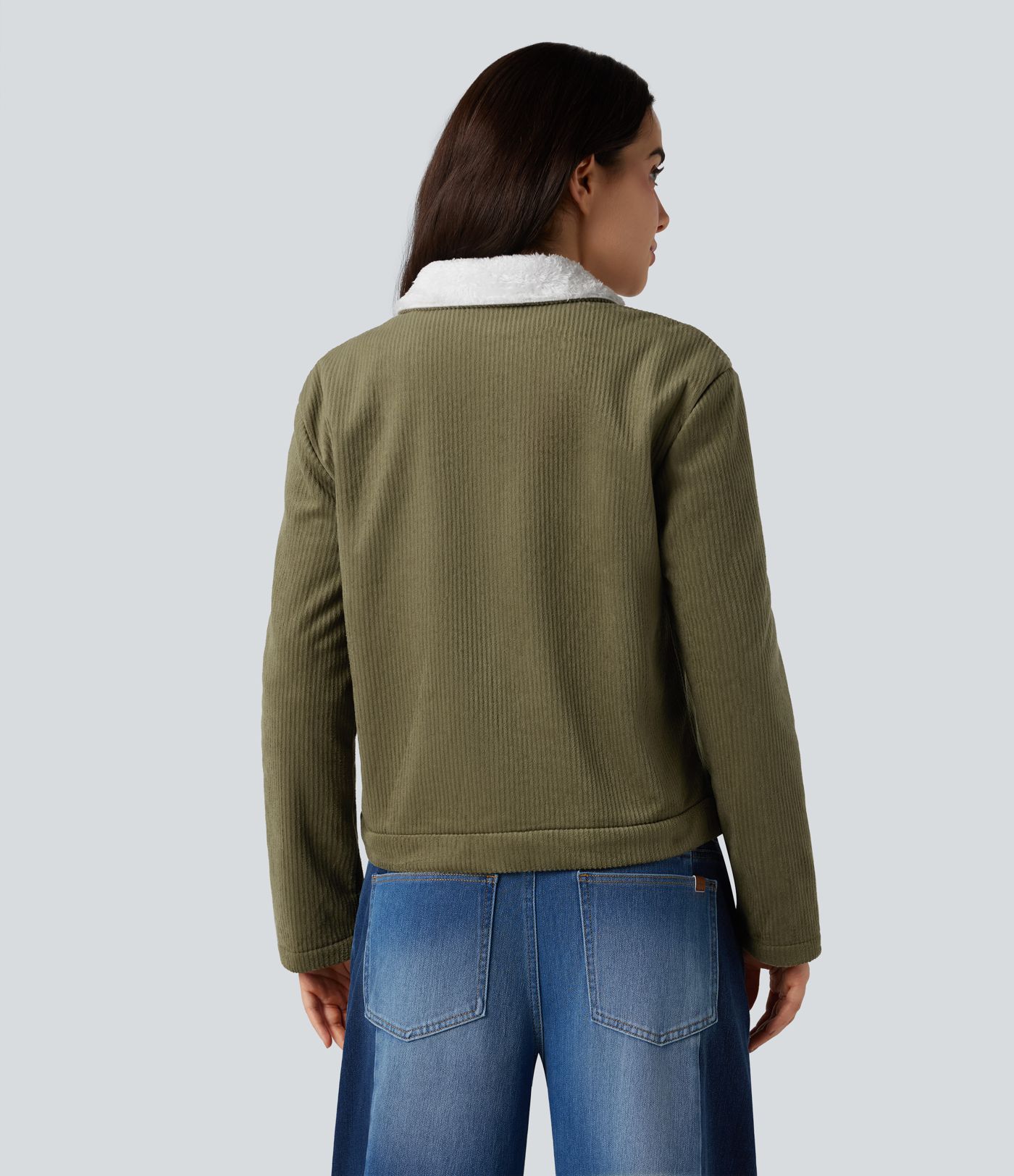Long Sleeve Casual Corduroy Sherpa Jacket with Pockets