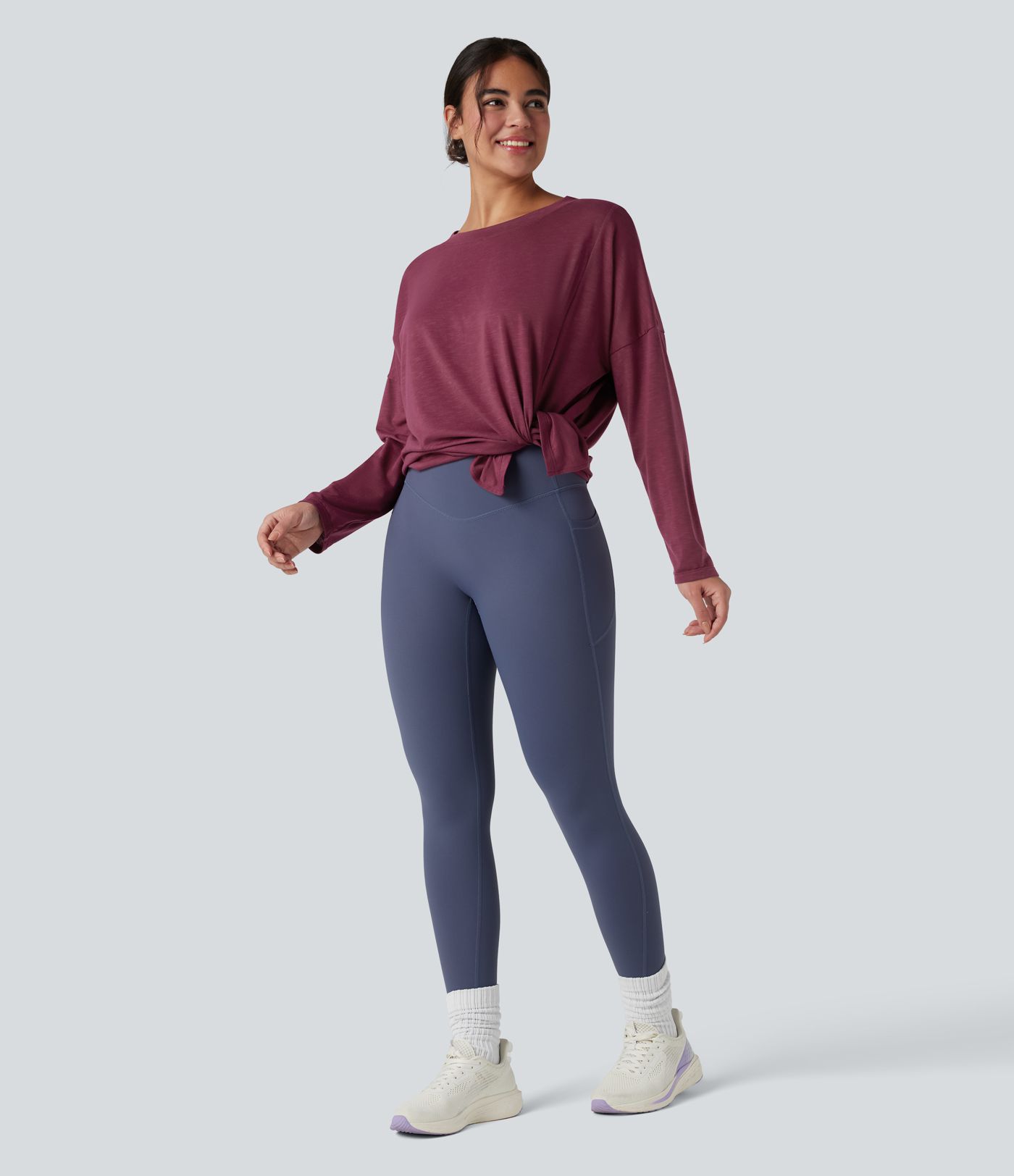 Round Neck Long Sleeve Split Hem Workout Sports Top