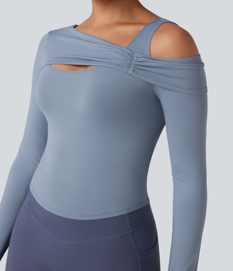 Asymmetric Shoulder Long Sleeve Thumb Hole Yoga Sports Top
