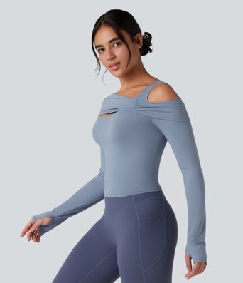 Asymmetric Shoulder Long Sleeve Thumb Hole Yoga Sports Top
