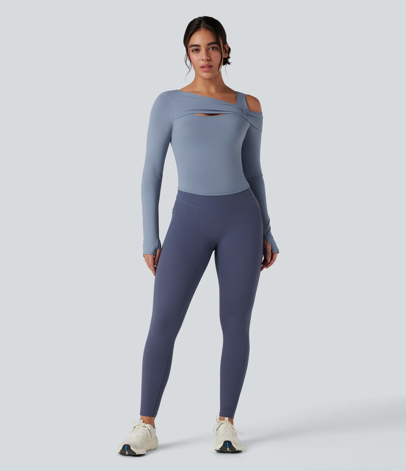 Asymmetric Shoulder Long Sleeve Thumb Hole Yoga Sports Top
