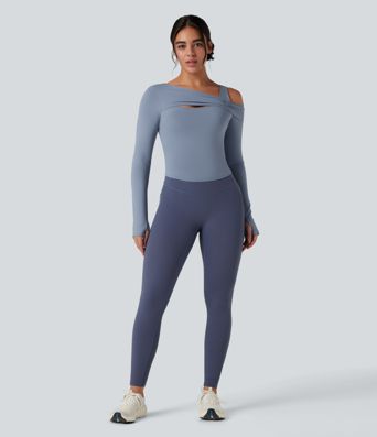 Asymmetric Shoulder Long Sleeve Thumb Hole Yoga Sports Top