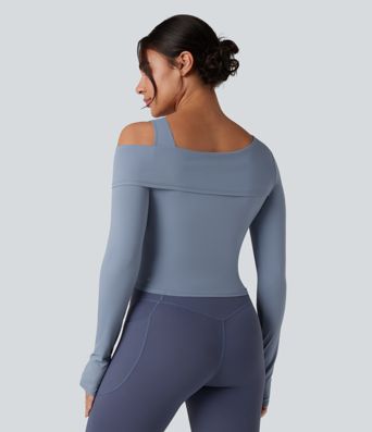 Asymmetric Shoulder Long Sleeve Thumb Hole Yoga Sports Top