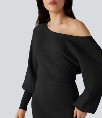Boat Neck Long Sleeve Bodycon Mini Work Sweater Dress