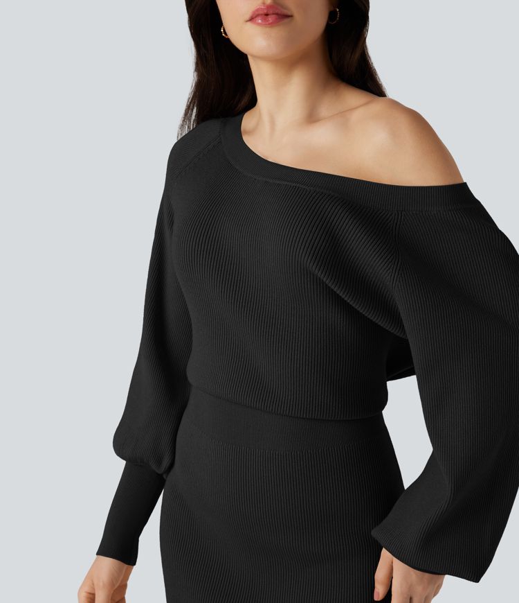Boat Neck Long Sleeve Bodycon Mini Work Sweater Dress