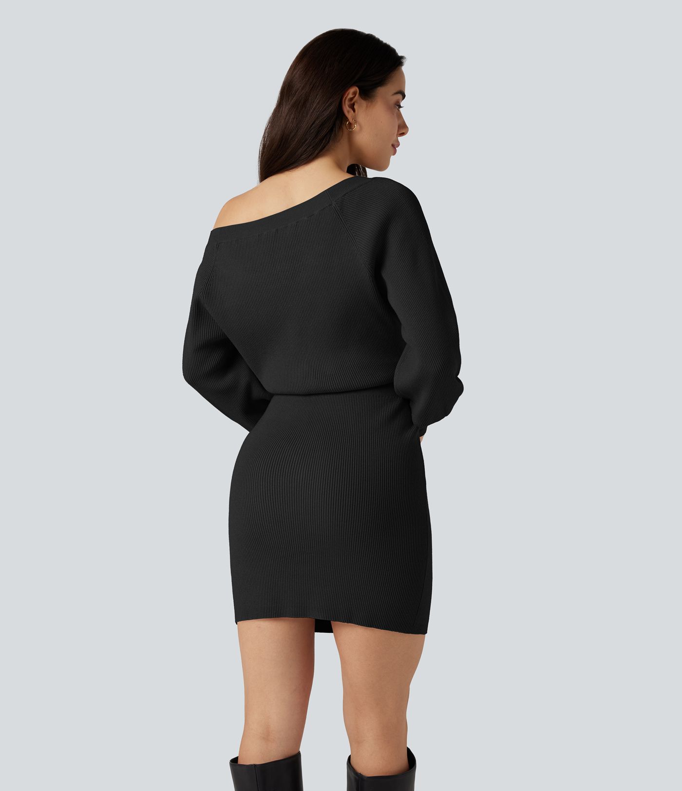 Boat Neck Long Sleeve Bodycon Mini Work Sweater Dress