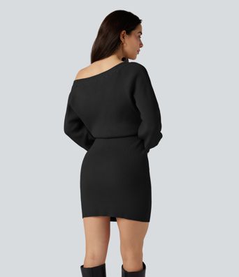 Boat Neck Long Sleeve Bodycon Mini Work Sweater Dress