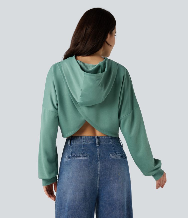 Hooded Crossover Back Cropped Casual Sweatshirt