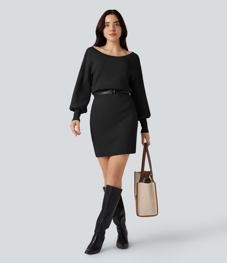 Boat Neck Long Sleeve Bodycon Mini Work Sweater Dress