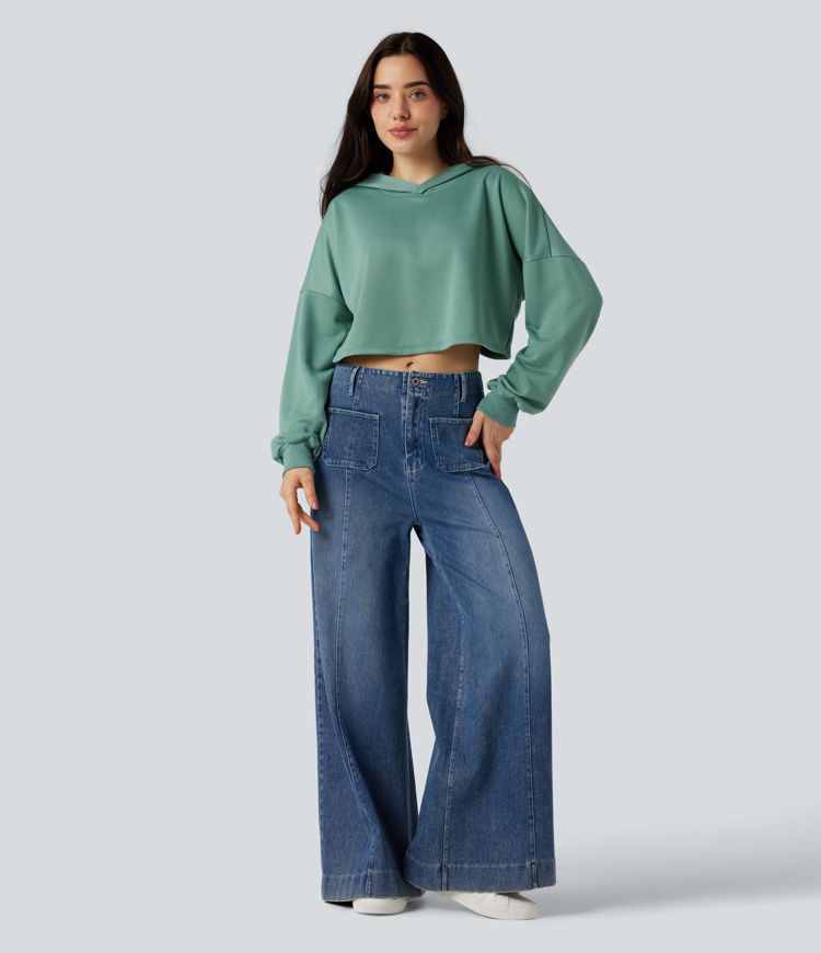 Hooded Crossover Back Cropped Casual Sweatshirt