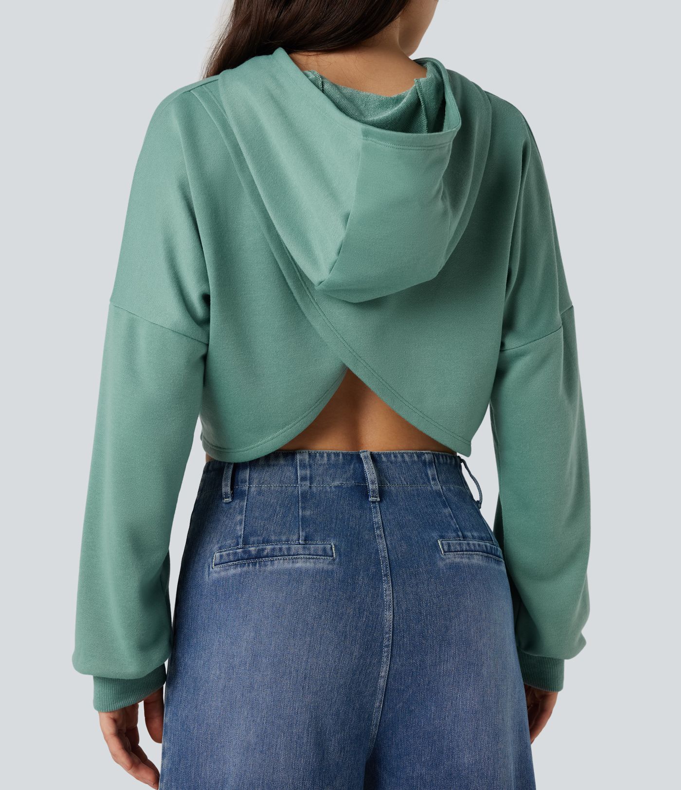 Hooded Crossover Back Cropped Casual Sweatshirt