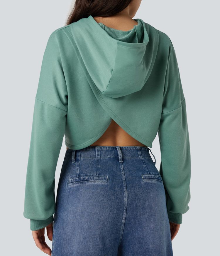 Hooded Crossover Back Cropped Casual Sweatshirt
