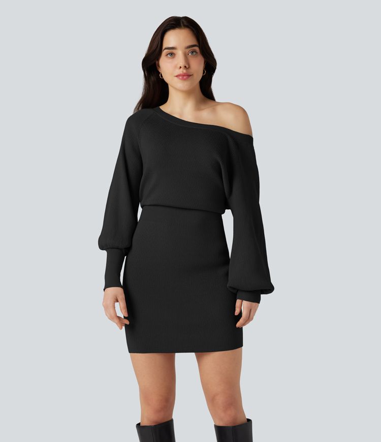 Boat Neck Long Sleeve Bodycon Mini Work Sweater Dress