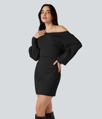 Boat Neck Long Sleeve Bodycon Mini Work Sweater Dress