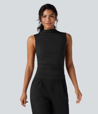 Mock-neck Sleeveless Ruched Work Top