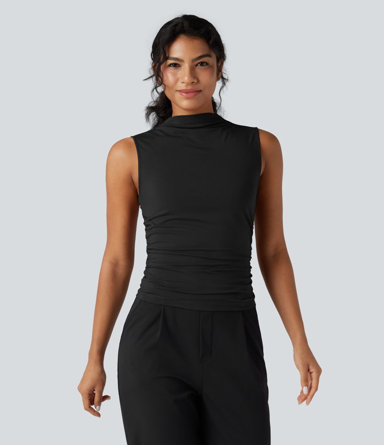 Mock-neck Sleeveless Ruched Work Top
