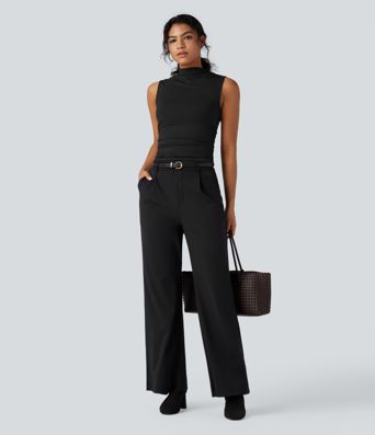 Mock-neck Sleeveless Ruched Work Top