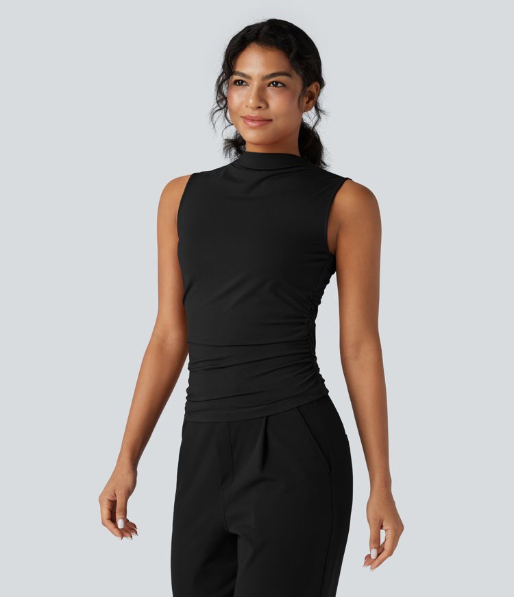 Mock-neck Sleeveless Ruched Work Top
