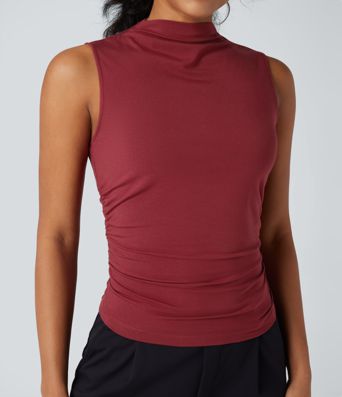 Mock-neck Sleeveless Ruched Work Top